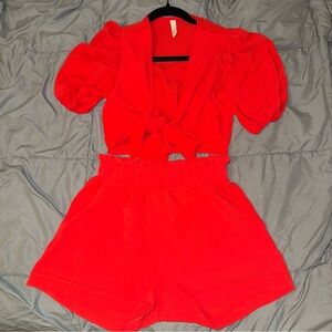 Red Puff Sleeve Top and Shorts Set